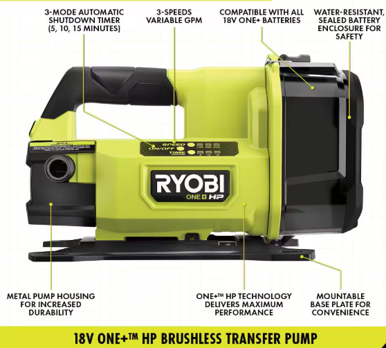 RYOBI ONE+ HP 18V Brushless 1/4 hp Cordless Battery Powered Transfer Pump (Tool-Only) RY20WP18BTL