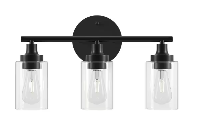 Merra 17 in. 3-Light Modern Matte Black Vanity-Light with Clear Glass Shade HCF-4030-BK-BNHD-1