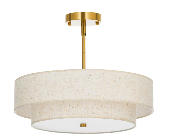Merra 18 in. 4-Light Antique Brass Semi-Flush Mount Ceiling Light Fixture Drum Pendant Light with 2-Layer Fabric Shade HCF-N018-GD-BNHD-1