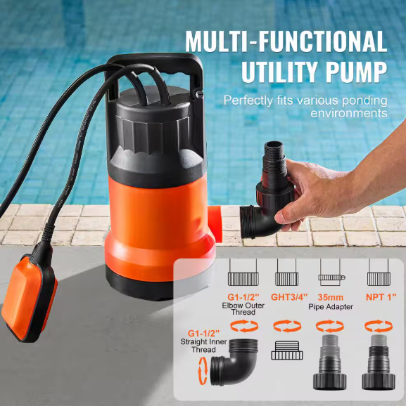 VEVOR 1 HP Thermoplastic Utility Pump 4000GPH Sump Pump Submersible Water Pump with 10 ft. Long Power Cord QSSZBSL10HP08XUGUV1