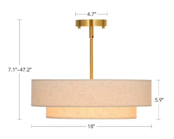 Merra 18 in. 4-Light Antique Brass Semi-Flush Mount Ceiling Light Fixture Drum Pendant Light with 2-Layer Fabric Shade HCF-N018-GD-BNHD-1