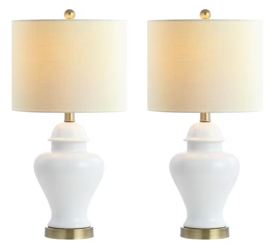 JONATHAN Y Qin 22 in. Ceramic/Iron Classic Cottage LED Table Lamp Set of 2, White JYL6602C-SET2