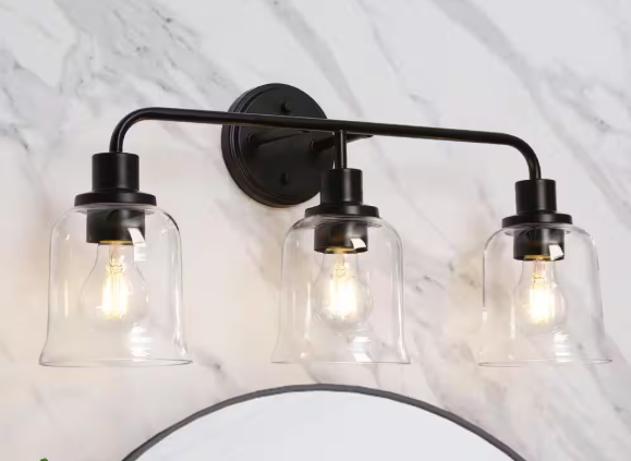 LNC Modern 22.8 in. 3-Light Black Bathroom Vanity Light with Bell Clear Glass Shades Contemporary Wall Sconce Over Mirrors YNQ3IYLWS152BL9
