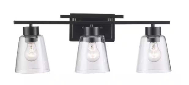 Hampton Bay Abbedale 23.38 in. 3-Light Black Bathroom Vanity Light Fixture with Clear Glass Shades C6365