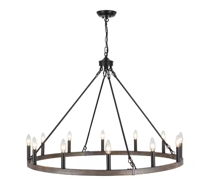 LWYTJO Dineen 12-Light Vintage Matte Black Candle Style Wagon Wheel Chandelier GY-D0154-12-B