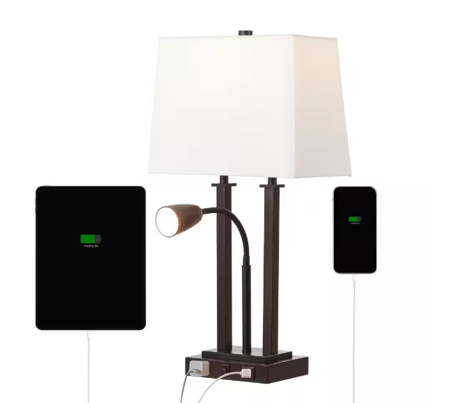 JONATHAN Y Blaire 23.75 in. Oil Rubbed Bronze 2-Light Metal LED Table Lamp with USB port, Adjustable Reading Light and AC Outlet JYL1144A