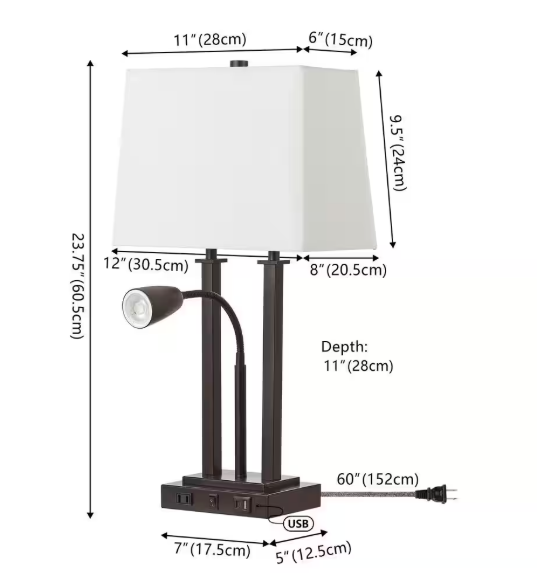 JONATHAN Y Blaire 23.75 in. Oil Rubbed Bronze 2-Light Metal LED Table Lamp with USB port, Adjustable Reading Light and AC Outlet JYL1144A