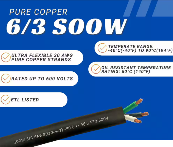 WindyNation 75 ft. 6/3 6 Gauge 3 Conductor 600-Volt Black SOOW Cord 6G-3C-SOOW-75F