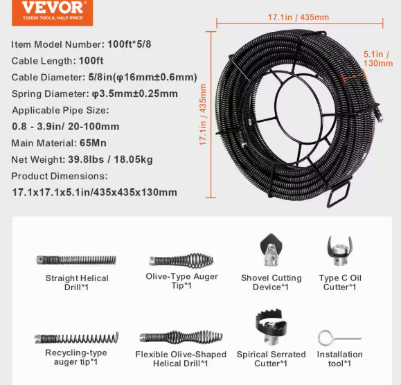 VEVOR Drain Cleaning Cable 100 ft. x 5/8 in. Sewer Drain Auger Cable Hollow Core with 7 Cutters for 0.8 in. to 3.9 in. Pipe FDSDL58IN100OPWKNV0