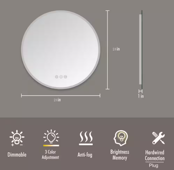 KINWELL 24 in. W x 24 in. H Frameless Round LED Light Bathroom Vanity Mirror UCM3051-60TDMB