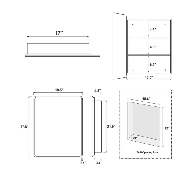 Dovelina 20 in. W x 28 in. H Rectangular Black Recessed/Surface Mount Medicine Cabinet with Mirror HD-2024051610-1