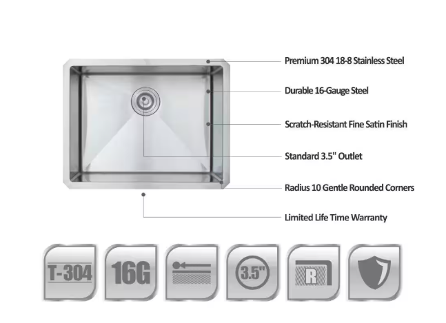 Glacier Bay Professional Tight Radius 23 in. Undermount Single Bowl 16 Gauge Stainless Steel Kitchen Sink with Accessories 4122F
