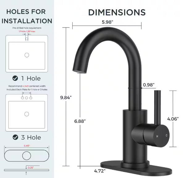FURUISI Single Hole 1-Handle Bathroom Faucet in Matte Black H3D52B