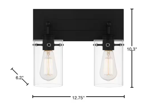 Hampton Bay Regan 12.75 in. 2-Light Matte Black Bathroom Vanity Light with Clear Glass Shades DSHD19574V1