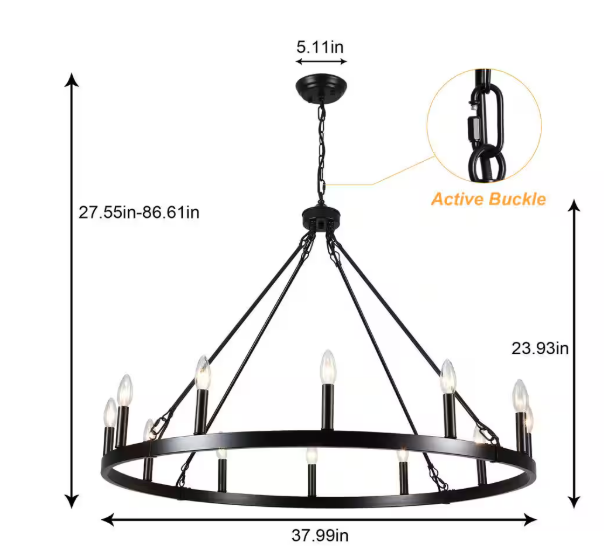 LWYTJO Dineen 12-Light Vintage Matte Black Candle Style Wagon Wheel Chandelier GY-D0154-12-B