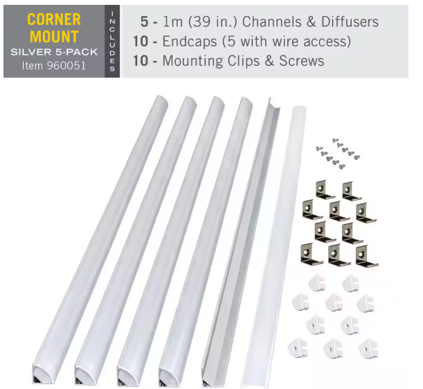 Armacost Lighting Corner Mount LED Tape Light Channel, Silver (5-Pack) 960051