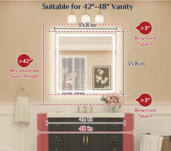 TETOTE 36 in. W x 36 in. H Rectangular Frameless LED Light Anti-Fog Wall Bathroom Vanity Mirror with Backlit and Front Light ted-ZBGSSW9191