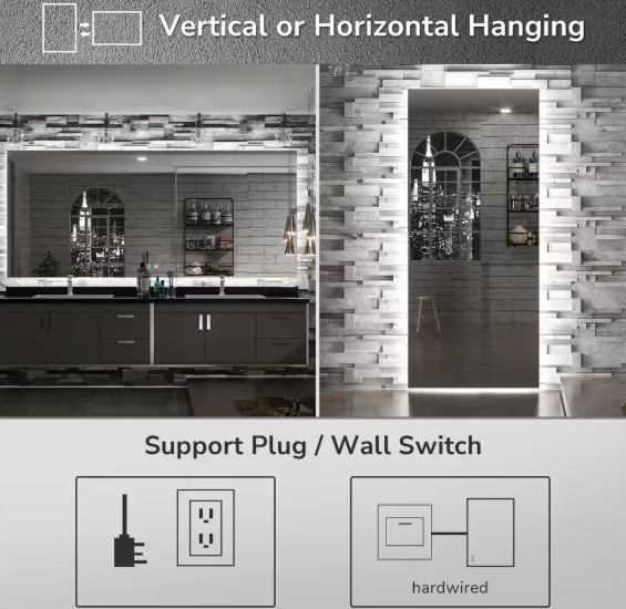 KeonJinn 40 in. W x 24 in. H Rectangular Frameless LED Light Anti-Fog Wall Bathroom Vanity Mirror with Backlit hd-YKLBG10060
