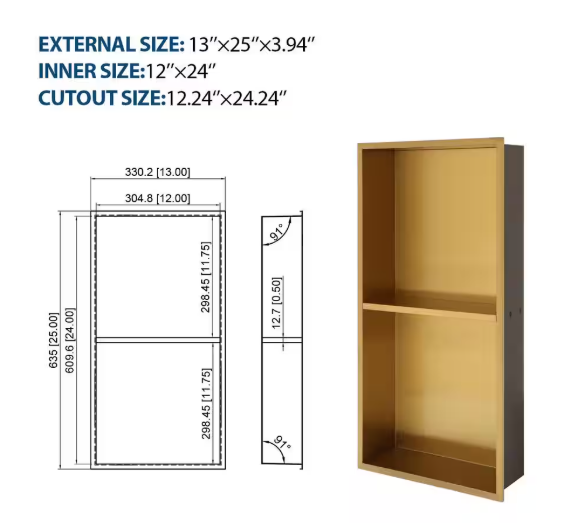 FUNKOL 13 in. x 25 in. Gold Stainless Steel Wall Mounted Shower Niche Double Shelf Shower563XR