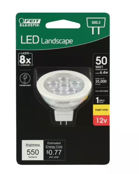 Feit Electric 50-Watt Equivalent MR16 GU5.3 Bi-Pin CEC 12-Volt Landscape Garden LED Light Bulb, Bright White