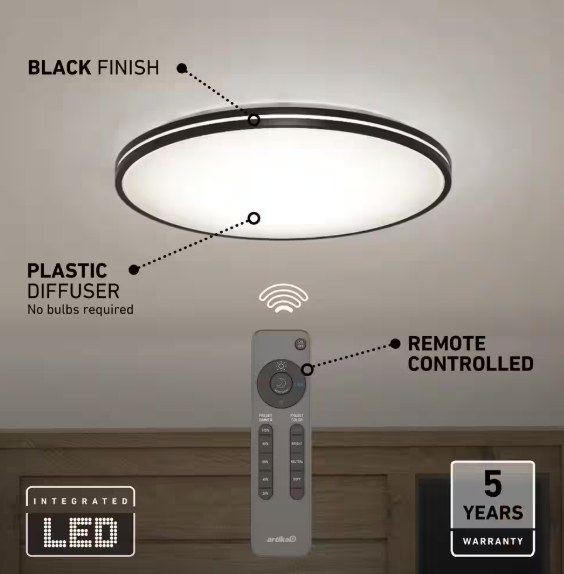 Artika Athos 21 in. 1-Light Modern Black Integrated LED 5 CCT Flush Mount Ceiling Light Fixture for Kitchen or Bedroom