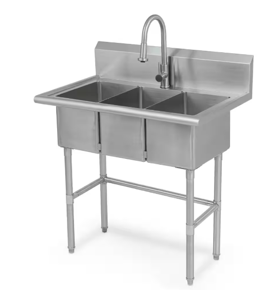Glacier Bay 38 in. W x 24 in. D Freestanding Stainless Steel 3-Compartment Commercial Laundry/Utility Sink with Faucet and Drain FSCR3824A3