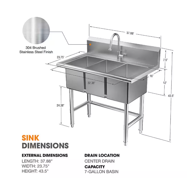 Glacier Bay 38 in. W x 24 in. D Freestanding Stainless Steel 3-Compartment Commercial Laundry/Utility Sink with Faucet and Drain FSCR3824A3