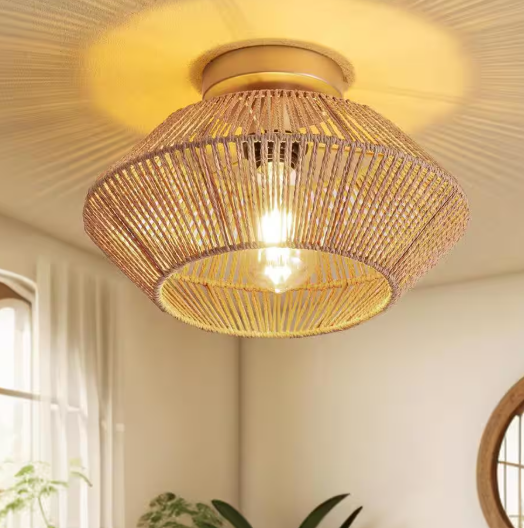 SILJOY 12.6 in Boho Rattan 1-Light Ceiling Flush Mount Light Rattan Cage Shade Ceiling Light CAFS696101