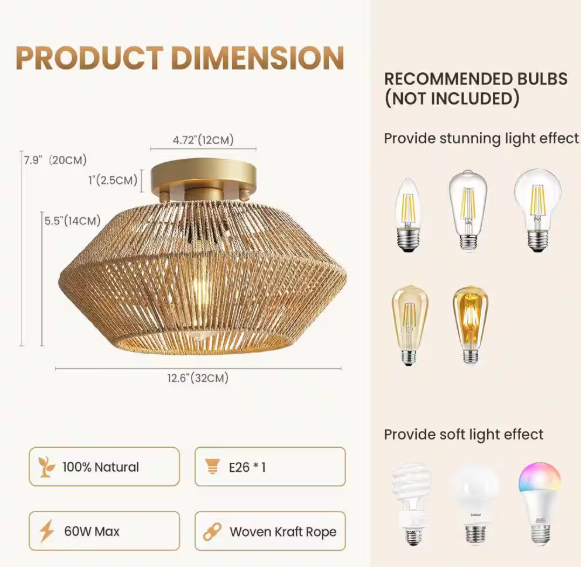 SILJOY 12.6 in Boho Rattan 1-Light Ceiling Flush Mount Light Rattan Cage Shade Ceiling Light CAFS696101