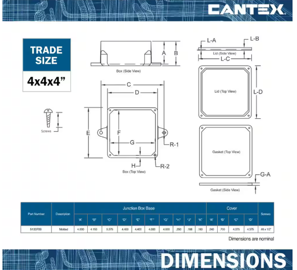 Cantex 4 in. X 4 in. X 4 in. PVC Junction Box Conduit Fitting for Cantex PVC Conduits R5133709