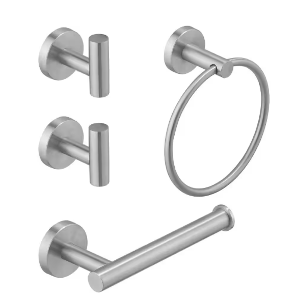BWE 4-Piece Bath Hardware Set with Robe Hooks, Towel Ring, Toilet Paper Holder Modern in Brushed Nickel A-91062-N-R