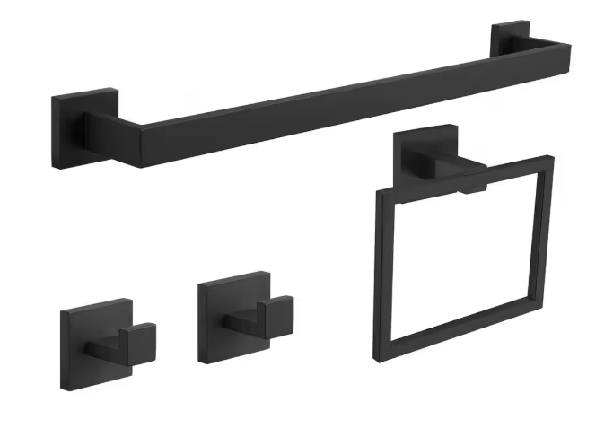BWE 4-Piece Bath Hardware Set Black Bathroom Accessories with Towel Bar/Rack Included for Bathroom Towel Ring in Matte Black