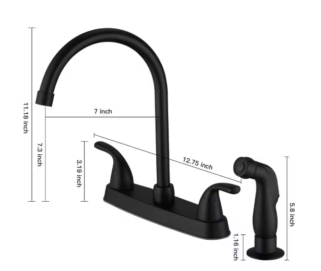 BWE Double Handles 4 Holes Standard Kitchen Faucet Sink With Side Sprayer in Matte Black A-92010-Black