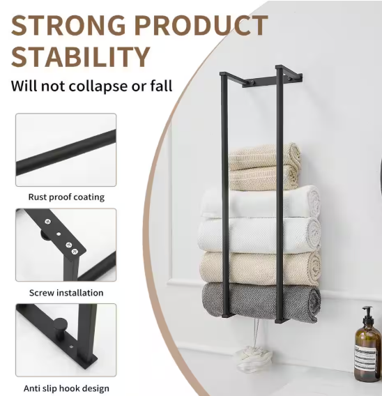 BWE Towel Racks Towel Storage Wall Mounted Rolled or Folded Towel Holder Large Capacity in Matte Black A-91127-B