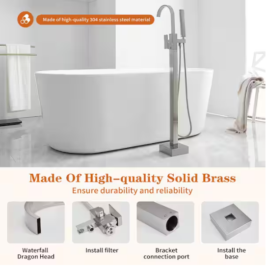 BWE Waterfall Single Handle Floor Mount Freestanding Tub Faucet Bathtub Filler with Hand Shower in Brushed Nickel A-97011-N