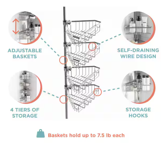 Zenna Home 4-Tier Tension Pole Shower Caddy in Satin Nickel E2157NNL