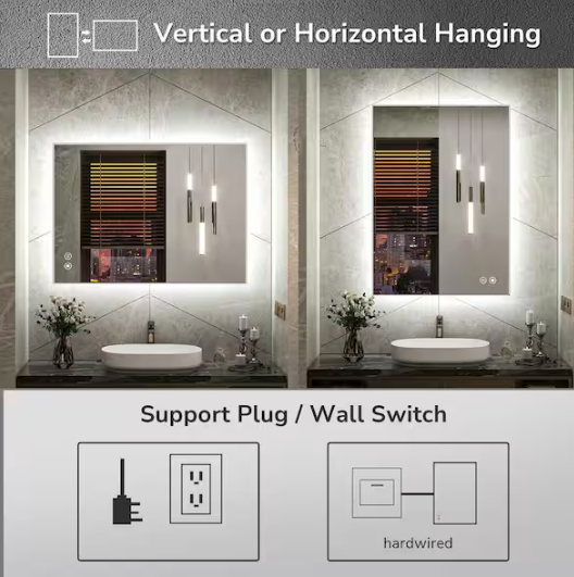 KeonJinn 20 in. W x 28 in. H Rectangular Frameless LED Light Anti-Fog Wall Bathroom Vanity Mirror with Backlit