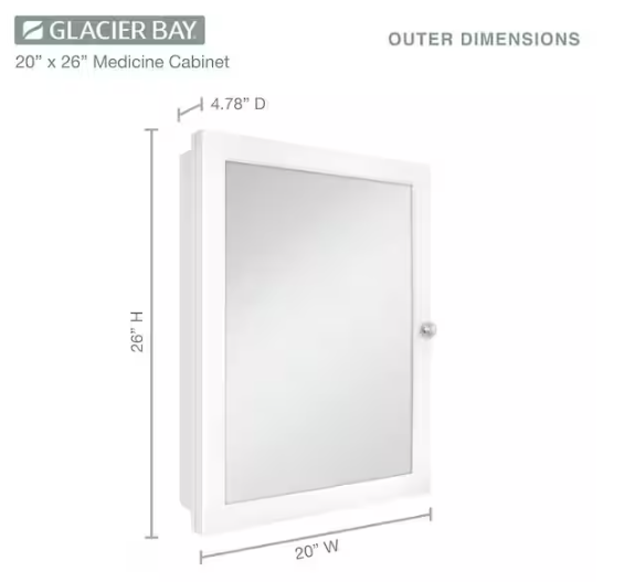 Glacier Bay 20 in. W x 26 in. H Rectangular Framed Recessed or Surface-Mount Bathroom Medicine Cabinet with Mirror, White 33156