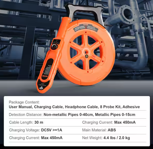 VEVOR Pipe Blockage Detector ABS Pipe Locator IP67 Waterproof with 100 ft. Signal Line 8 Spare Probes for PVC Plastic Metal XXGDDWQDXM302ETSSV0
