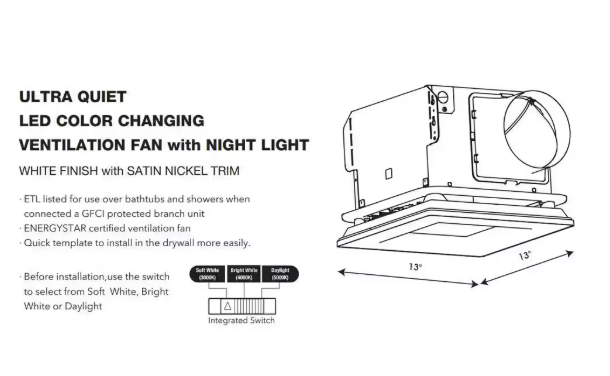 Hampton Bay 160 CFM Ceiling Mount Room Side Installation Bathroom Exhaust Fan with Adjustable LED Lighting and Night Light LDS-BF3003