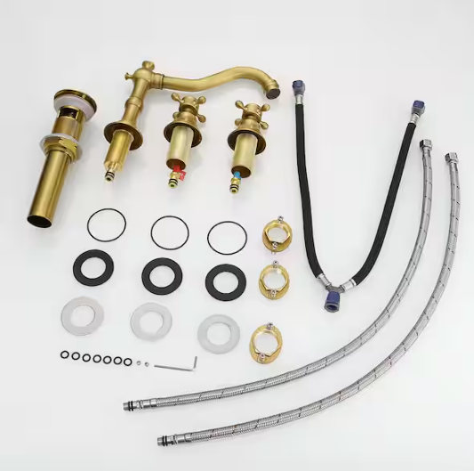 BWE 8 in. Widespread Double-Handle Black Bathroom Faucet 3-Holes Vanity Sink Water-Saving with Metal Drain in Antique Brass A-916452-Anti