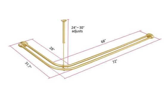 Utopia Alley Rustproof Aluminum Double L Shaped Shower Curtain Rod 72" L with 24 Shower Hooks & Ceiling Support, Wall Mounted, Gold DLR1GD