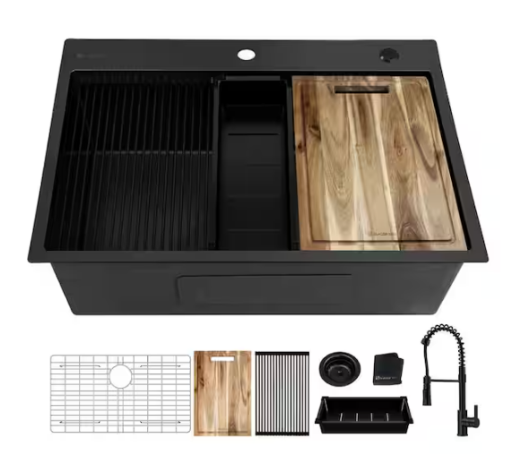 Glacier Bay 30 in. Drop-In Single Bowl 18 Gauge Black Stainless Steel Workstation Kitchen Sink with Black Spring Neck Faucet ACS3022A1T-FWB