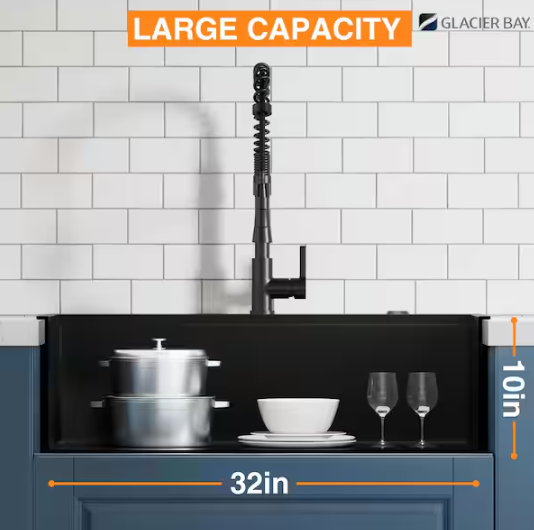 Glacier Bay 30 in. Drop-In Single Bowl 18 Gauge Black Stainless Steel Workstation Kitchen Sink with Black Spring Neck Faucet ACS3022A1T-FWB