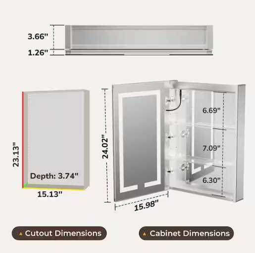 KeonJinn 16 in. W x 24 in. H Rectangular Aluminum Surface Mount Medicine Cabinet with Mirror and 3 Color Lighted Modes, Anti-Fog HD-ZG-JG-4161