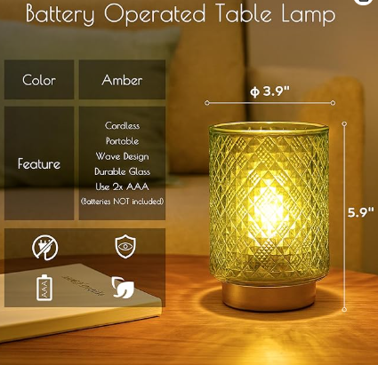 Battery Operated Lamp with Timer, Small Table Lamp for Shelf Decor, Glass Cordless Lamps Bedside Cozy Light for Living Room/Coffee Table/Entryway Diamond Design-Green (BBD Boutique)