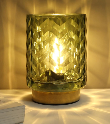 Battery Operated Lamp Cozy Bedside Ambience, Small Vintage Cordless Table Lamp for Shelf Office Desk, Glass Decorative Accent Lamp for Living Room/Entryway/Dorm Wave Design-Green (BBD Boutique)