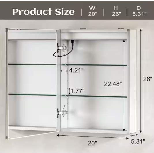HOMEIBRO 20 in. W x 26 in. H Rectangular Aluminum Medicine Cabinet with Mirror L-LEDAMC-2026
