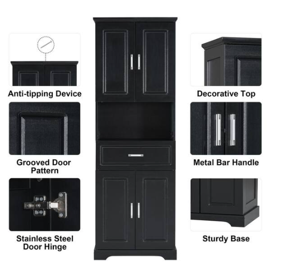 YSQCAR 24.5 in. W x 16 in. D x 71 in. H Black MDF Freestanding Linen Cabinet with Door and Drawers, Adjustable Shelf