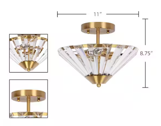 Alsy 11 in. 2-Light Brushed Gold Plated Transitional Semi-Flush Mount with Clear Glass Faceted Shade and No Bulbs Included